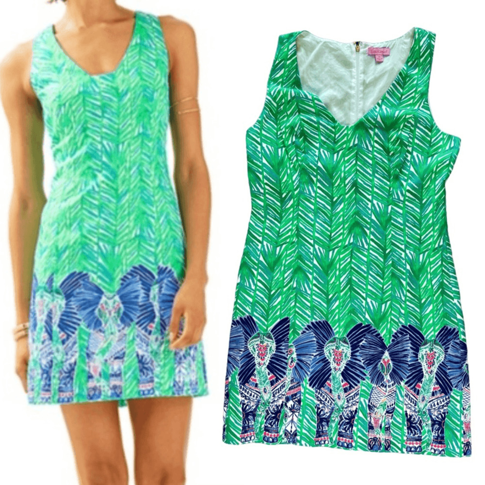 Lilly Pulitzer Tandie Shift Dress Costa‎ Toucan Green Elephants 10 NWOT Coastal